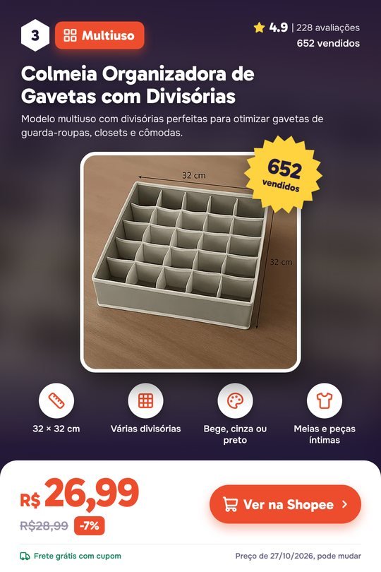 Colmeia Organizadora de Gavetas com Divisórias: nota 4.9, 652 vendidos, R$ 26,99