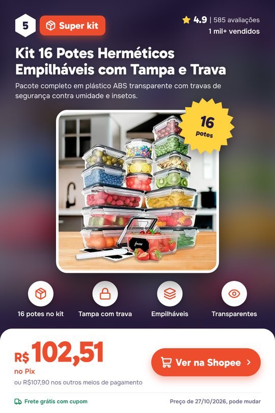 Kit 16 Potes Herméticos Empilháveis com Tampa e Trava: nota 4.9, 1 mil+ vendidos, R$ 102,51