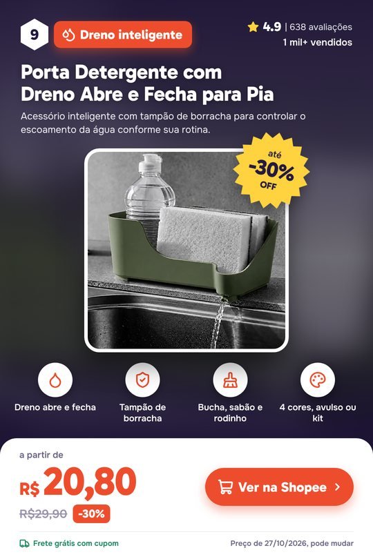 Porta Detergente com Dreno Abre e Fecha para Pia: nota 4.9, 1 mil+ vendidos, R$ 20,80