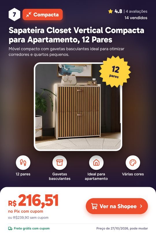 Sapateira Closet Vertical Compacta para Apartamento, 12 Pares: nota 4.8, 14 vendidos, R$ 216,51
